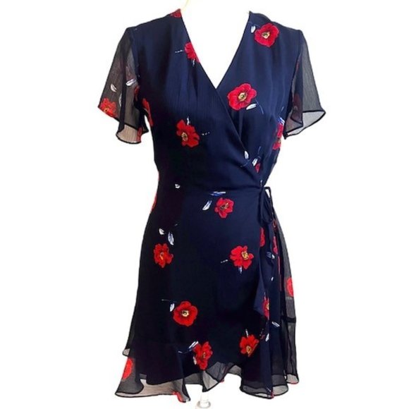 All in Favor Isabella Wrap Flounce Mini Dress Navy and Red Floral - Picture 1 of 9
